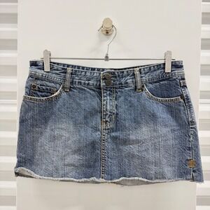 Dear AB Denim Mini Skirt Blue Low Rise Raw Hem Size 4 Y2K Micro Skirt
